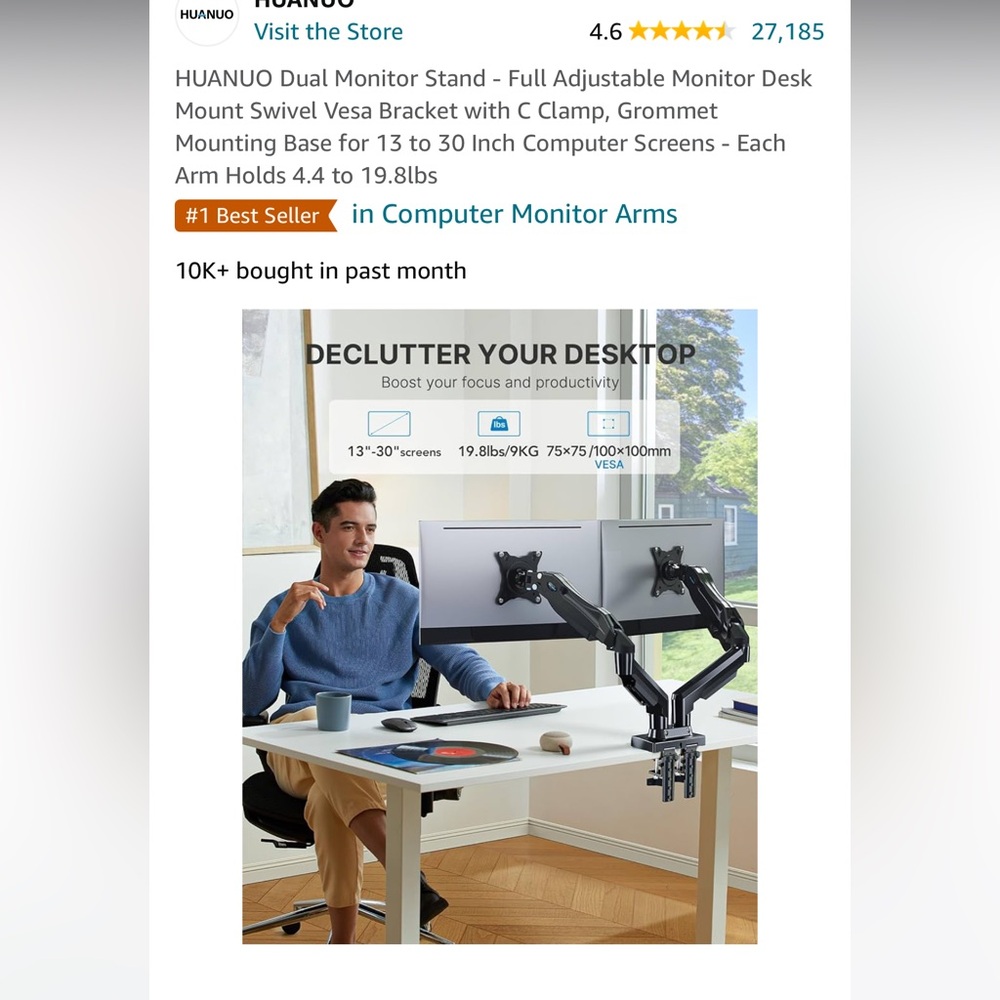 HUANUO DUAL MONITOR DESK ARM ADJUSTABLE - Picture 2 of 11